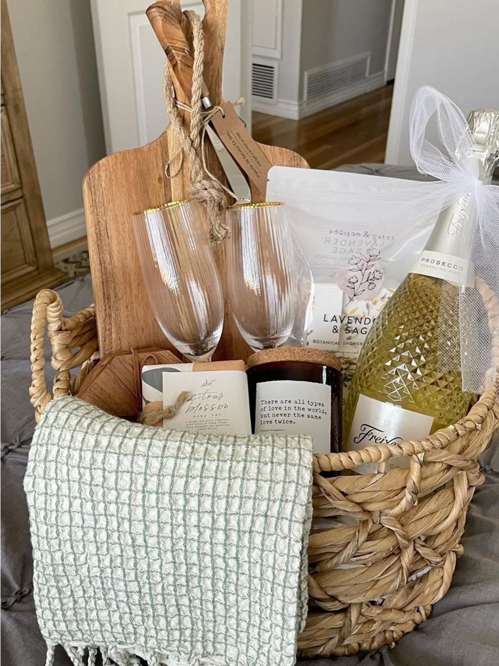 Champagne Gift Basket with Glasses and Lavender & Sage Let me know in comments
